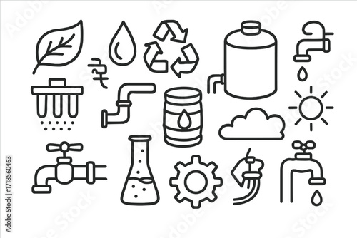 Eco-Friendly Water Symbols. Hand-drawn doodle illustration eco-friendly water treatment leaf, droplet, recycling symbol, tank, filter, pipe, pump, valve,