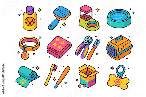 Puppy Care Essentials. Colorful isometric vector icons set of Puppy care essentials: puppy shampoo bottle, grooming brush, food dispenser, water bowl, flea