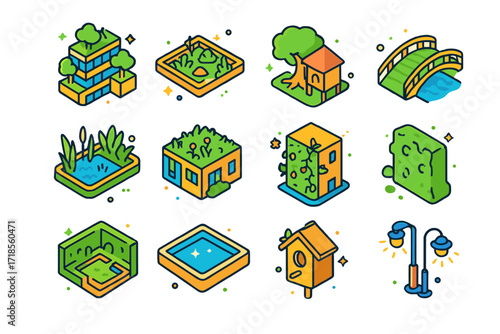 Eco-Friendly Building Icons. Colorful isometric vector icons set of nature-integrated buildings: building with trees on terraces, courtyard with native plants,