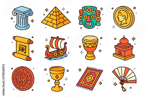 World Culture Icons. Colorful isometric vector icons set of world cultures for immersive learning: Greek column, Egyptian pyramid, Aztec mask, Roman coin,