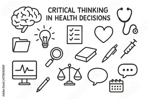 Critical Thinking Doodles. Hand-drawn doodle illustration Critical thinking in health decisions [brain, lightbulb, checklist, stethoscope, heart, folder,