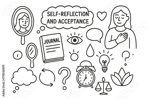 Self-Reflection Symbols. Hand-drawn doodle illustration [Self-reflection and acceptance] [mirror, heart, eye, journal, hand over chest, speech bubble, clock,