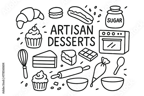 Artisan Dessert Doodles. Hand-drawn doodle illustration Artisan desserts, croissant, macaron, eclair, cupcake, cake slice, chocolate bar, whisk, rolling pin,