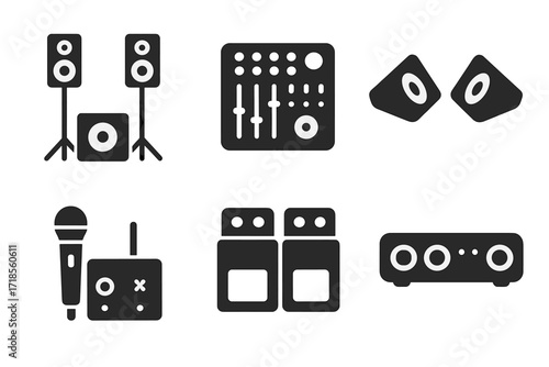 Live Band Equipment Icons. Solid, filled icon set of live band sound equipment: PA system, mixing board, subwoofer, stage monitors, wireless mic, DI box,