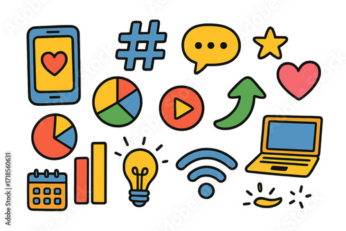 Social Media Icons. Social Media Infographics. Colorful Hand-drawn doodle Children illustration smartphone, pie chart, bar chart, hashtag, heart, chat bubble,