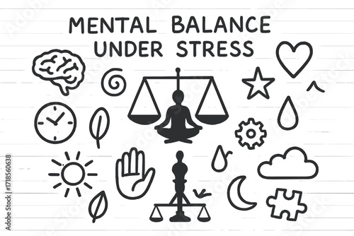 Doodle Mental Balance. Hand-drawn doodle illustration Mental balance under stress [brain, heart, clock, spiral, star, leaf, droplet, yoga pose silhouette,