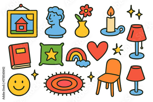 Colorful Children's Doodle Art. Colorful Hand-drawn doodle Children illustration Artistic Home Touches [painting, sculpture, vase, flower, candle, book,