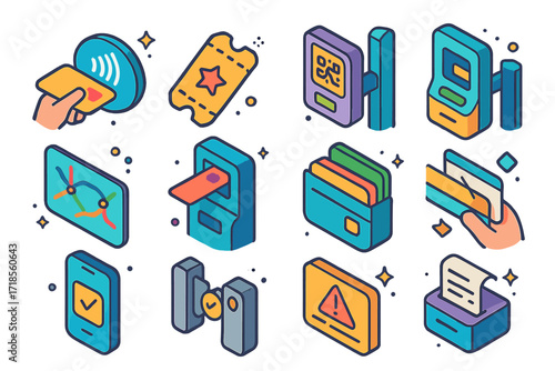 Transit Ticket Icons. Colorful isometric vector icons set of Using transit tickets and cards: contactless card tap, paper ticket stub, QR code scanner, ticket