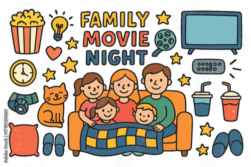 Family Movie Night. Colorful Hand-drawn doodle Children illustration Family Movie Night popcorn, TV, remote, blanket, sofa, smiling faces, stars, film reel,