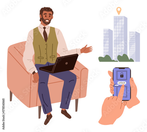 Man seated using laptop, smartphone unlocking smart system for building access. Ideal for technology, security, smart devices, remote control, office environment, innovation, simple flat metaphor