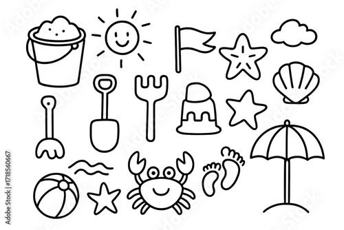Sandcastle Doodle Art. Sandcastle Tools. Hand-drawn doodle illustration sandcastle tools bucket, shovel, rake, sand mold, flag, seashell, starfish, crab, ball,