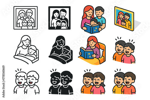 Sibling Memories Icons. Icon Set of Special sibling memories: family photo, bedtime story, siblings laughing. Icons set in vector style, emblematic variations.