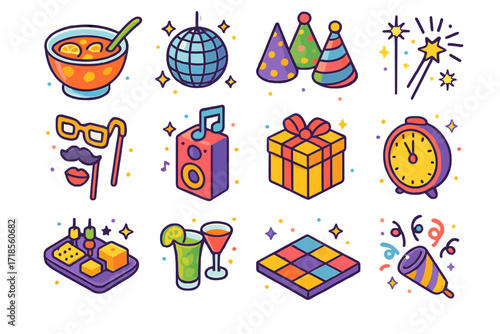 Holiday Party Icons. Colorful isometric vector icons set of holiday party fun: punch bowl, disco ball, party hats, photo booth props, playlist speaker,