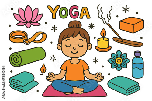 Yoga Essentials Doodle. Yoga. Colorful Hand-drawn doodle Children illustration yoga yoga mat, lotus flower, meditation pose, incense, candle, yoga block,