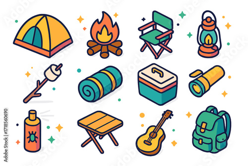 Colorful Camping Icons. Colorful isometric vector icons set of camping at summer festivals: dome tent, campfire, foldable chair, lantern, marshmallow stick,