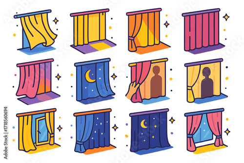 Curtain Scene Icons. Colorful isometric vector icons set of curtain scenes and moods: breeze blowing curtain, curtain shadow on floor, curtain in golden hour,