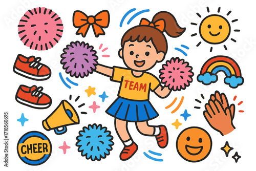 Cheerful Pom-Pom Squad. Colorful Hand-drawn doodle Children illustration Pom-pom fun colorful pom-poms, cheer motion lines, dance shoes, skirt, bow, smiling