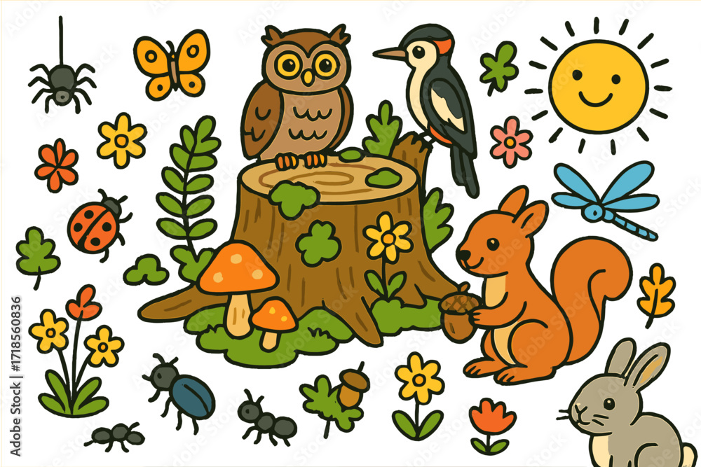 Naklejka premium Whimsical Forest Doodle. Colorful Hand-drawn doodle Children illustration Mossy Tree Stump moss patches, mushrooms, beetles, ants, squirrel, owl, woodpecker,