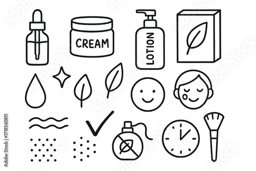 Skincare Doodle Icons. Hand-drawn doodle illustration Skincare product line serum bottle, cream jar, lotion pump, box, label, droplet, star, leaf, skin icon,