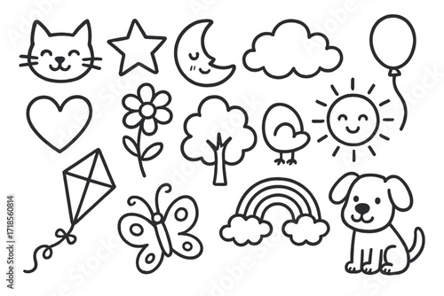 Playful Doodle Icons. Hand-drawn doodle illustration Playful wall decals, cat, dog, star, moon, cloud, sun, balloon, kite, butterfly, flower, heart, tree,