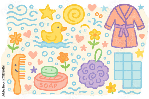 Cheerful Bathroom Doodles. Colorful Hand-drawn doodle Children illustration Bathroom textile pattern bath towel, fluffy texture, spiral lines, wave patterns,