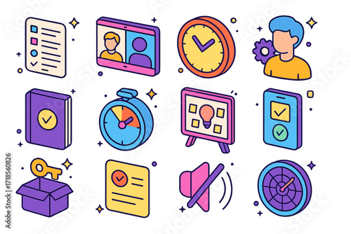 Colorful Meeting Icons Set. Colorful isometric vector icons set of effective meeting visuals: agenda card, video call screen, timeboxed session clock, meeting