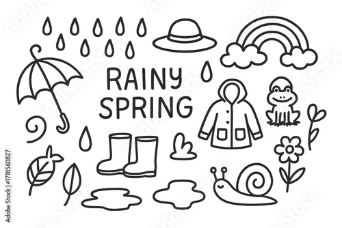 Rainy Spring Doodle. Hand-drawn doodle illustration Rainy spring umbrella, raindrops, rain boots, puddle, cloud, rainbow, jacket, hat, frog, snail, leaf,