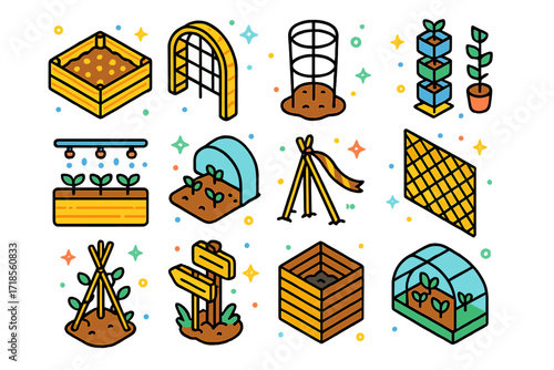 Garden Icons Isometric View. Colorful isometric vector icons set of raised beds and garden structures: wooden raised bed, trellis arch, tomato cage, vertical