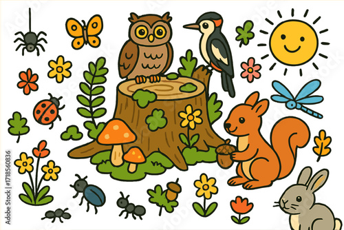 Whimsical Forest Doodle. Colorful Hand-drawn doodle Children illustration Mossy Tree Stump moss patches, mushrooms, beetles, ants, squirrel, owl, woodpecker,