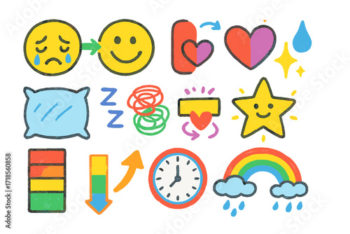 Emotional Doodle Icons. Colorful Hand-drawn doodle Children illustration Mood swings crying face, smiling face, emoji switch, cloudy sun, heart flip, sparkle