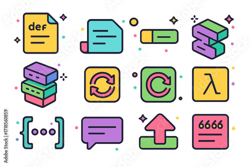 Colorful Python Code Icons. Colorful isometric vector icons set of Python code structure: def function block, class declaration, import module line, try-except