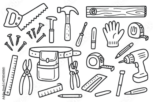 Carpenter's Tool Doodle. Hand-drawn doodle illustration carpenter?s tool belt saw, hammer, screwdriver, nails, screws, chisel, level, wood plank, ruler, tape