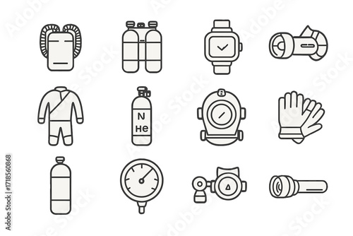 Technical Diving Icons. Technical diving. Line icon set of technical diving: rebreather, twin tanks, dive computer, underwater scooter, drysuit, gas mix
