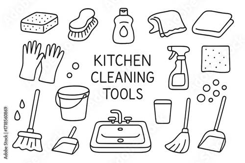 Kitchen Cleaning Doodle. Hand-drawn doodle illustration [Kitchen cleaning tools] [sponge, scrub brush, dish soap, towel, gloves, bucket, spray bottle, cloth,