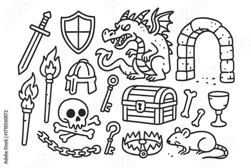 Dungeon Adventure Icons. Hand-drawn doodle illustration fantasy dungeon dragon, sword, shield, treasure chest, helmet, magic staff, skull, bones, torch,