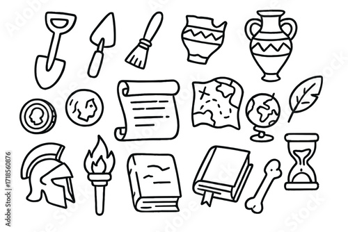 Archaeology Doodle Icons. Hand-drawn doodle illustration archaeological exploration shovel, trowel, brush, pottery, amphora, coin, scroll, map, globe, helmet,