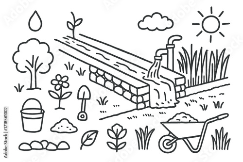 Traditional Canal Doodles. Hand-drawn doodle illustration Traditional irrigation canals [canal, water droplet, plant, tree, flower, leaf, bucket, shovel, soil,