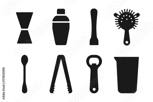 Tequila Bar Tools Icons. Solid, filled icon set of tequila bar tools: jigger, cocktail shaker, muddler, strainer, bar spoon, ice tongs, bottle opener, mixing
