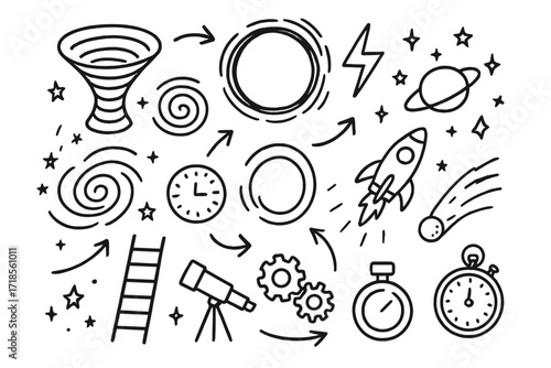 Doodles_ Wormholes and Portals. Hand-drawn doodle illustration wormholes and portals spiral, circle portal, lightning bolt, galaxy, stars, planet, rocket,