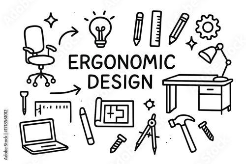 Ergonomic Design Icons. Hand-drawn doodle illustration Ergonomic Design [chair, desk, lamp, ruler, pencil, light bulb, gear, blueprint, sparkle, star, arrow,