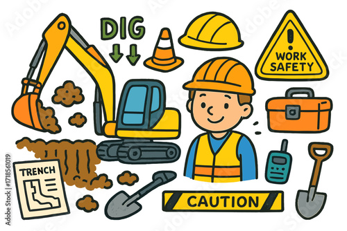 Cartoon Construction Scene. Colorful Hand-drawn doodle Children illustration Trenching job backhoe arm, dirt scoop, trench lines, hard hat, safety sign,