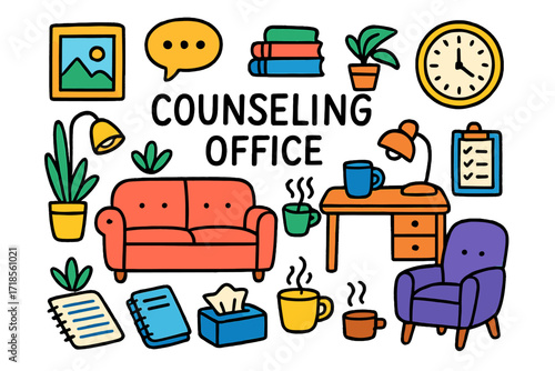 Counseling Room Doodles. Counseling Office. Colorful Hand-drawn doodle Children illustration sofa, armchair, desk, lamp, books, plant, tissue box, notebook,
