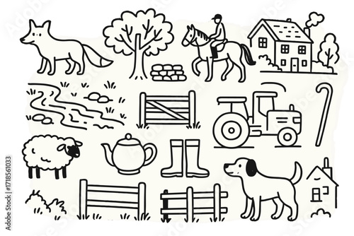 Countryside Doodle Collection. Hand-drawn doodle illustration [traditional British countryside] [fox, oak tree, stone wall, horse rider, village house, stream,