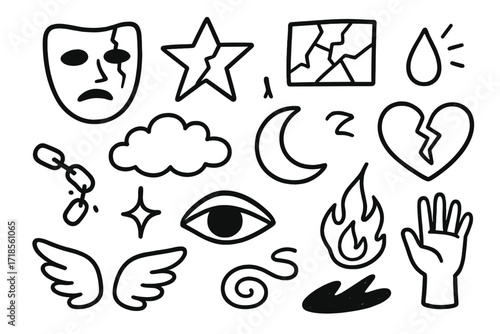 Shattered Dreams Icon Set. Hand-drawn doodle illustration Shattered dreams cracked mask, shattered star, broken glass, tear drop, cloud, moon, heart, chain,