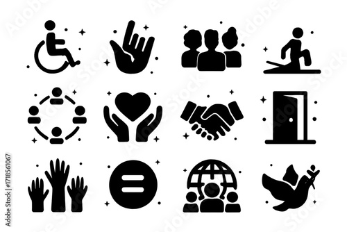 Inclusive Symbols Collection. Inclusion. Solid icons set of wheelchair symbol, sign language hand, diverse people, accessible ramp, inclusive circle, support