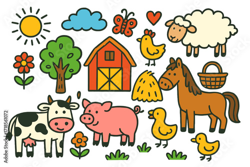 Farm Animals Doodle. Colorful Hand-drawn doodle Children illustration Farm Animals [cow, pig, sheep, chicken, duck, horse, barn, haystack, tree, flower, sun,