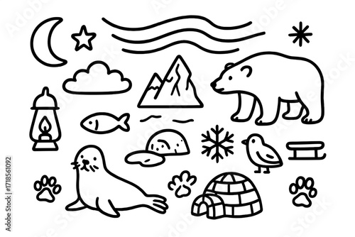Arctic Night Doodle. Hand-drawn doodle illustration Arctic night sky [moon, star, aurora lines, mountain, iceberg, polar bear, cloud, fish, igloo, seal,