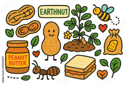 ?????????? ???. Colorful Hand-drawn doodle Children illustration Peanut groundnut pod, peanut shell, green plant, smiling peanut, bag, peanut butter jar,