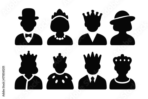 Honorific Title Icons. Solid, filled icon set of honorific titles: sir, dame, lord, lady, baroness, viscount, marquis, earl. Solid, filled icons in only black