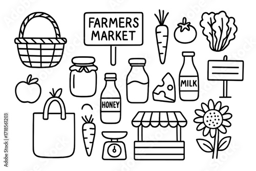 Farmers Market Doodle. Hand-drawn doodle illustration Farmers market basket, apple, bread, carrot, tomato, lettuce, jar, honey bottle, cheese wedge, milk